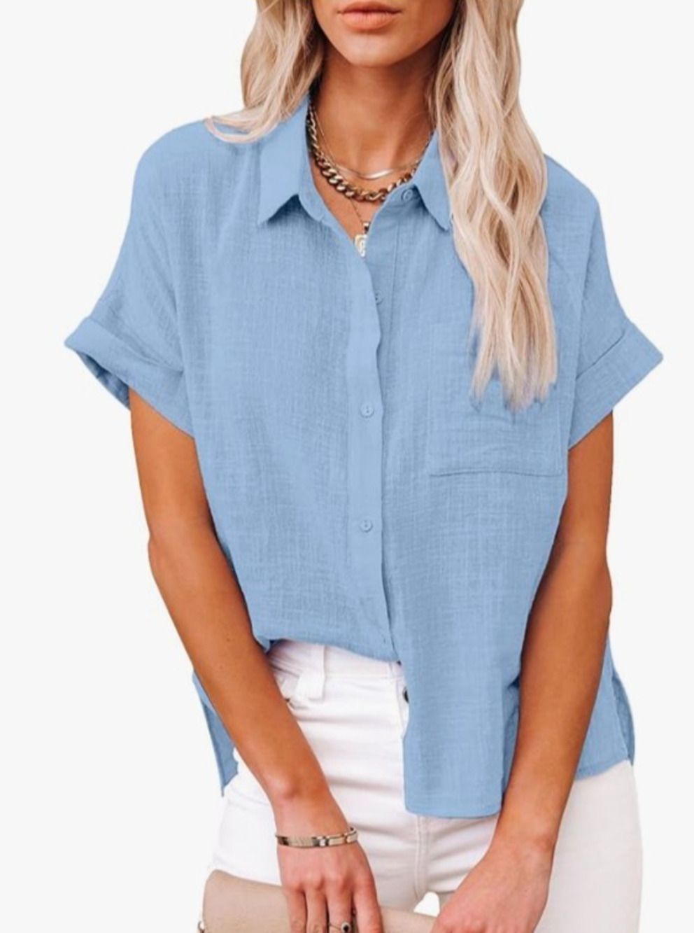 Women's Short Sleeve Solid Pocket 100% Cotton Shirt Casual Button Blouse Tops